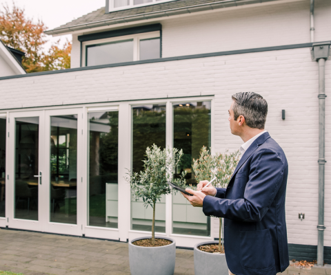 Man inspecteert modern huis met tablet buiten.