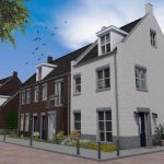 Rij huizen met blauwe lucht en vogels.