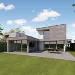 Moderne woning met grote tuin en terras.