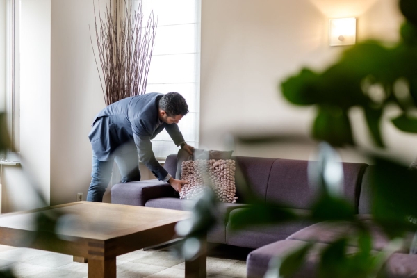 Man ruimt woonkamer op met kussens.