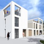 Modern wit gebouw met balkon en mensen buiten.